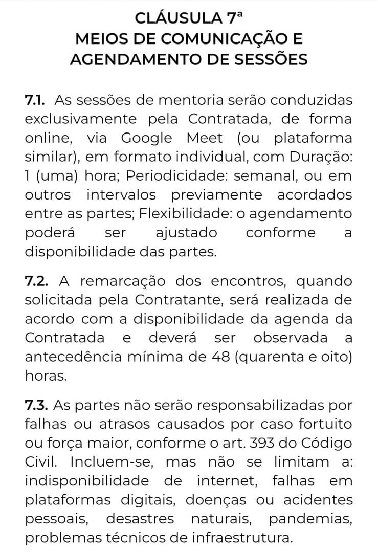 Cláusula 7ª de um contrato de mentoria antes da diagramação: texto corrido, justificado, sem hierarquia nem destaque.