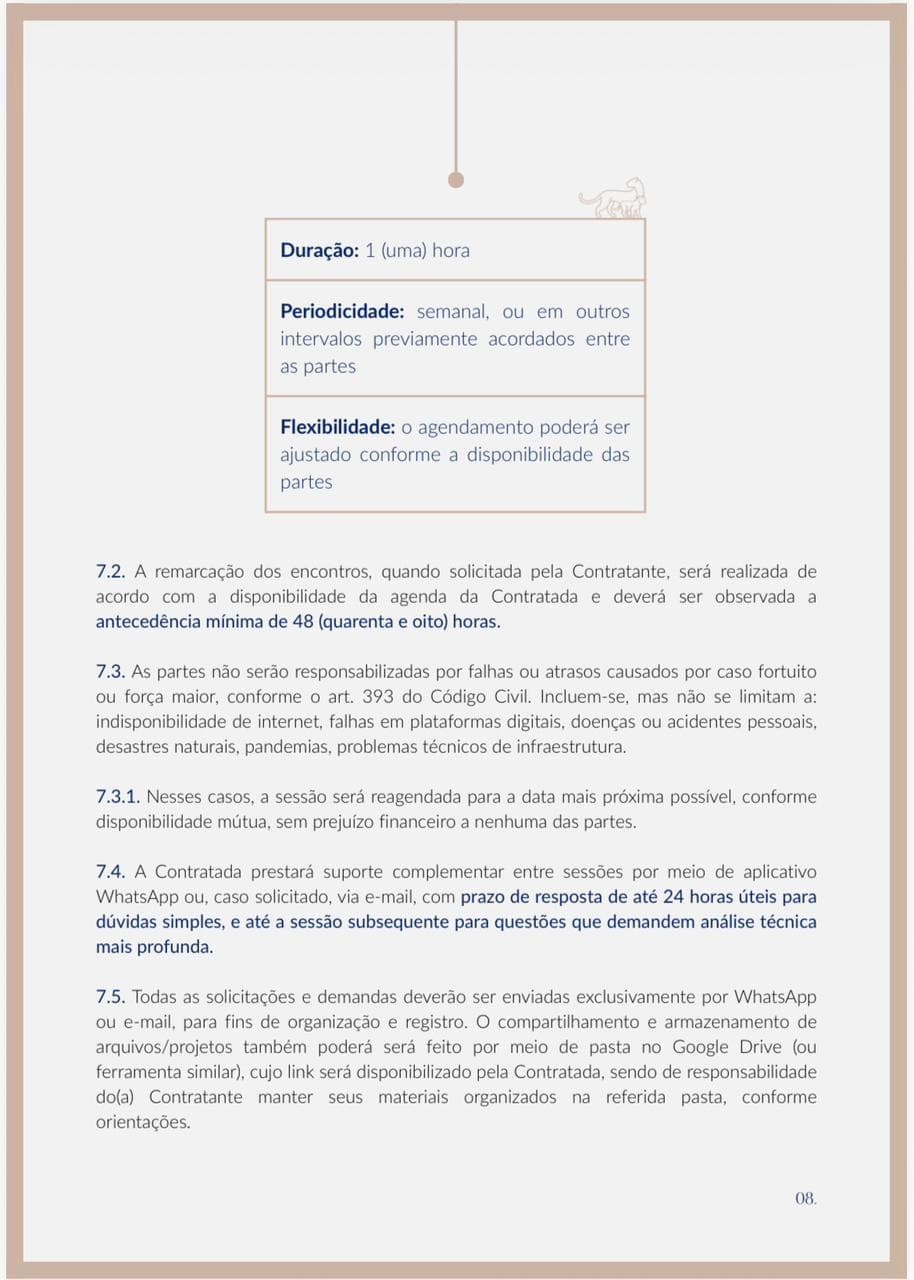 A mesma cláusula depois do Legal Design: quadro-resumo com duração, periodicidade e flexibilidade, prazos em destaque e moldura na identidade do cliente.